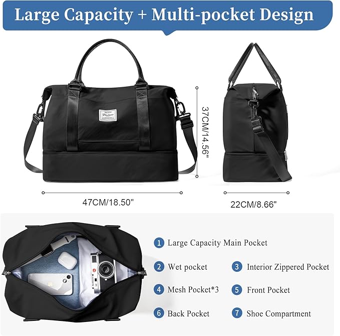 Weekender Bags for Women,Personal Item Travel Bag with Shoes Compartment,Overnight Travel Duffel Bag with Quilted Toiletry Bag,Black