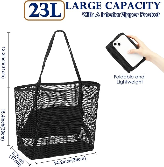 Fammart Mesh Beach Bag, Large Beach Tote with Zipper Pocket, Toys Pool Bag for Family Travel Vacation Cruise Essentials