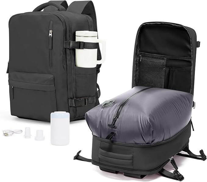 VECAVE Vacuum Backpack Travel with Pump for Women, Personal Item Carry on Backpacks Flight Approved for Men,Laptop Waterproof Work Compression bags Casual Daypack Black