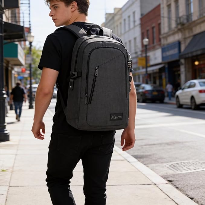 Mancro Business Travel Laptop Backpack, Anti Theft Slim Laptop Bag for Men and Women, Tech Computer Bag Fits 15.6 Inch Laptop and Notebook (Black)