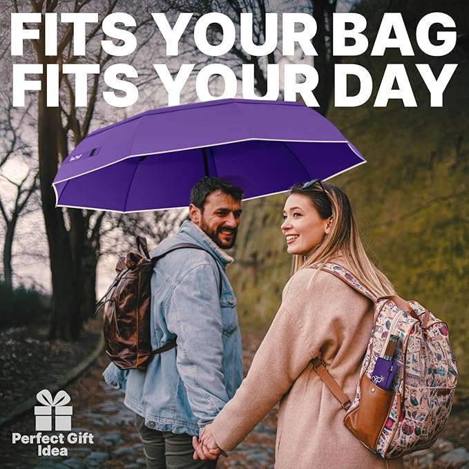 Royal Walk Windproof Folding Travel Umbrella Compact and Strong Luxurious Real Wood Handle Automatic Open Close Vented Double Canopy for Men and Women (Purple)