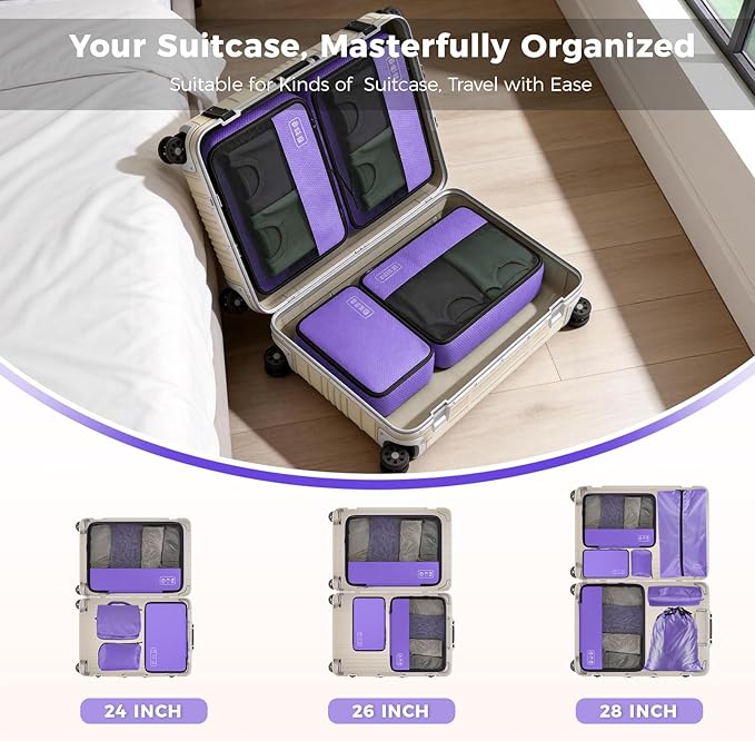 8-Piece Compression Packing Cubes for Travel, Elegant Ultralight Luggage Organizer Set for Women, Space Saving for Carry-On, Suitcase & Vacation Cruise Travel - Purple