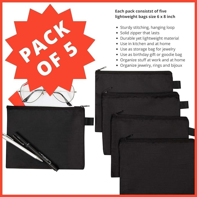 Small Black Nylon Zipper Pouch (6x8 Inch - Set of 5) For Travel Cosmetics Cables Documents Office Supplies Organizer Bag