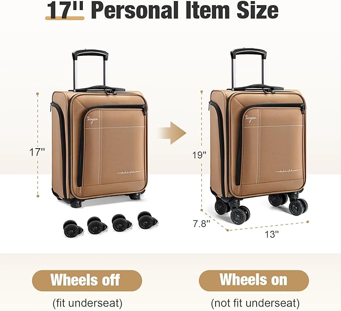 Softside Carry on Luggage Airline Approved, 17 Inch Underseat Carry-on Luggage with Removable Spinner Wheels, Small Personal Item Suitcase for Travel Business, (Brown, 17 inch_Underseat)