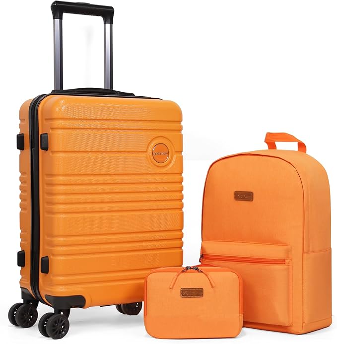 ABS+PC Carry on Luggage set with backpack 3 Pcs suitcace with Spinner wheels TSA Lock 20-In hardshell Lightweight Luggage set (Orange)