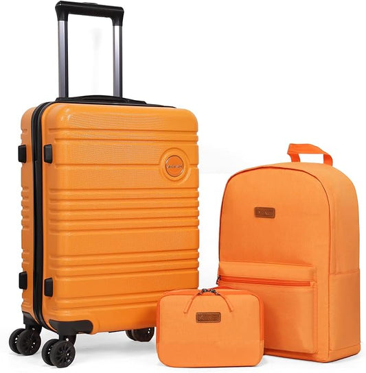 ABS+PC Carry on Luggage set with backpack 3 Pcs suitcace with Spinner wheels TSA Lock 20-In hardshell Lightweight Luggage set (Orange)