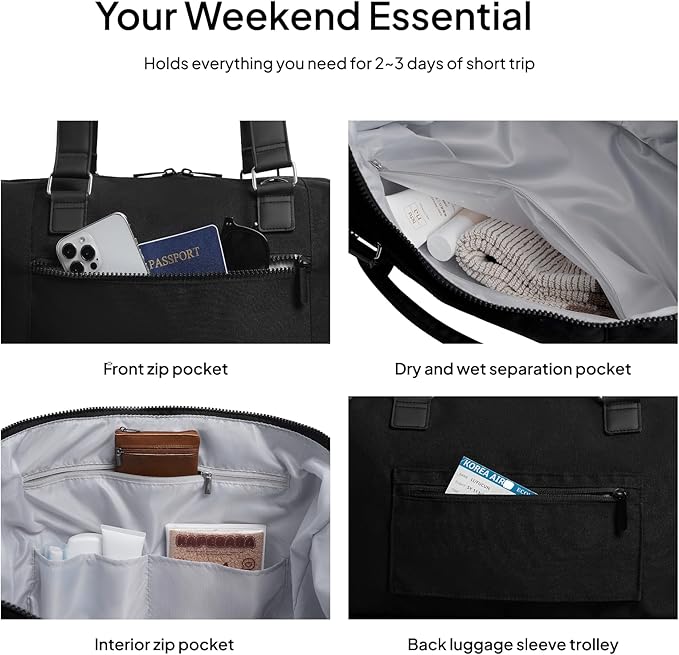 Travel Duffle Bag for Women,40L Weekender Bags Airline Approved Carry On with Shoe Compartment & Waterproof Wet Pocket, Durable Nylon Weekender Overnight Bag for Travel, Gym, Business Trip, Black