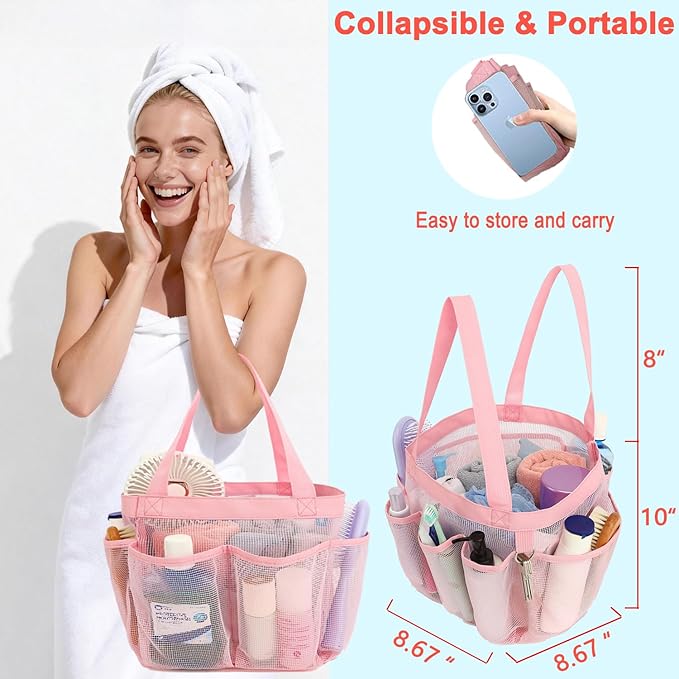 Fammart Mesh Shower Caddy Portable for College Dorm Room Essentials, 8-Pocket Large Shower Basket Tote Bag with 2 Handles for Toiletry, Bathroom, Beach, Camp, Gym