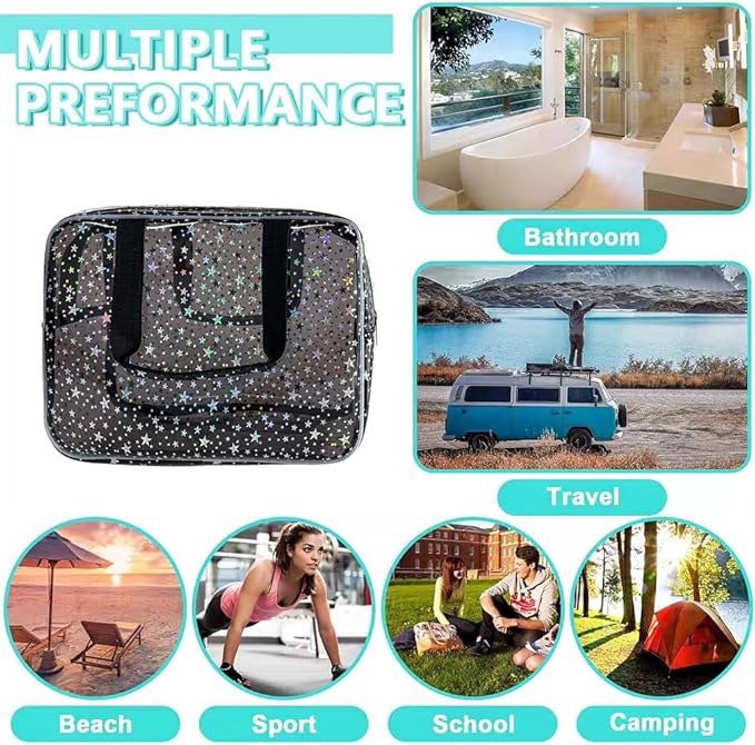 Black Holographic Star Cosmetic Bag for Women 11.8x5.1x8.2 Inches Portable Travel Toiletry Bag with Handles,Durable PVC Material,Zipper Design-Ideal Large Clear Makeup Organizer
