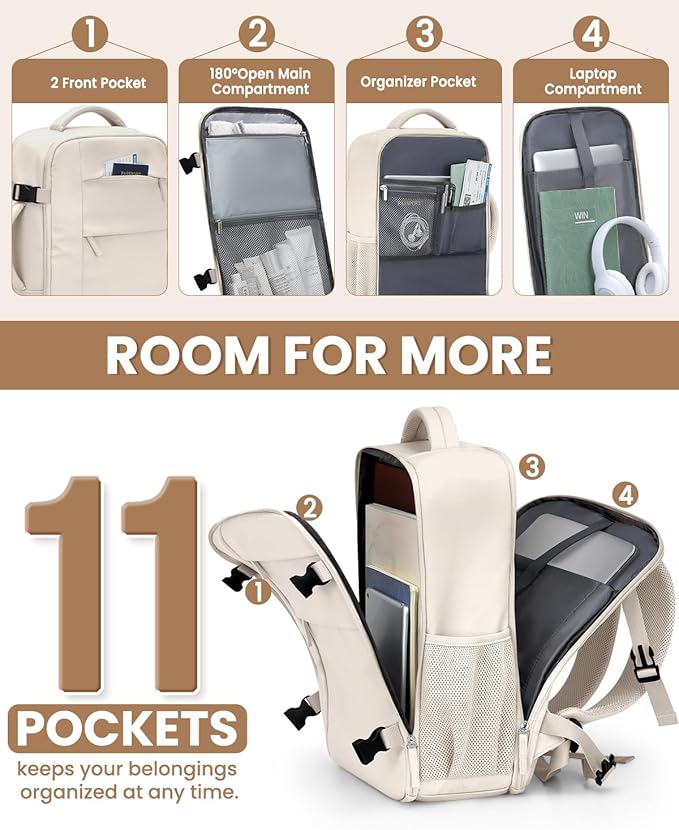 Pritent Travel Backpack for Women Man, Waterproof Personal Item Travel Bag Airline Approved Laptop Backpack Bookbag Weekender bags for Business,Travel, Work Fits 15.6 inch Laptop(Medium,Beige)