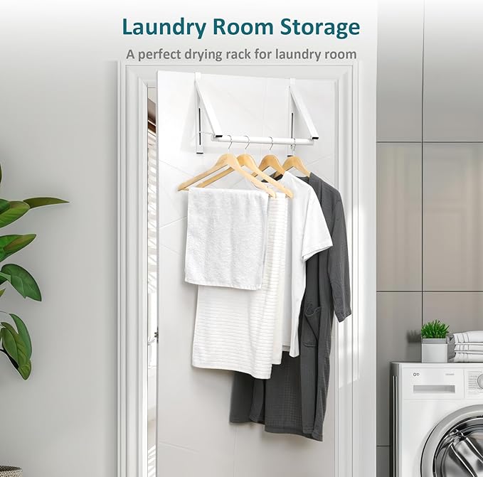 Optish Foldable Over The Door Clothes Hanger, Space Saving Small Clothes Rack Door Hangers for Clothing, 2Pack, White