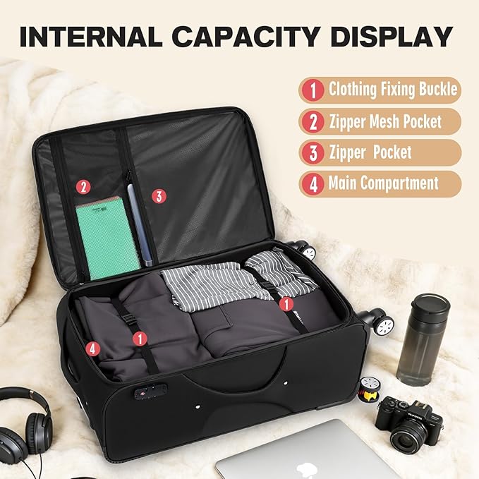 VJI Softside Expandable Checked Luggage with Spinner Wheels, Lightweight Fabric Suitcase with TSA Lock, Smooth Rolling Travel Luggage for Business and Vacation, 29 Inch