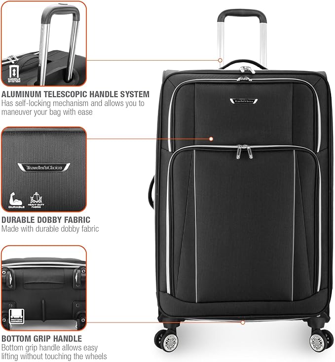 Traveler's Choice Lares Softside Expandable Luggage with Spinner Wheels, Black, Checked 31-Inch