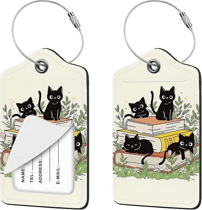 2 Pcs Luggage Tag for Suitcases, Black Cat Book Cute PU Leather Suitcase Tag Privacy Cover ID Label with Metal Loop, Personalized Baggage Identifier for Women Cruise Bag Travel Essentials
