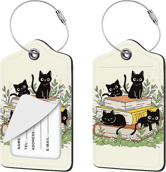 2 Pcs Luggage Tag for Suitcases, Black Cat Book Cute PU Leather Suitcase Tag Privacy Cover ID Label with Metal Loop, Personalized Baggage Identifier for Women Cruise Bag Travel Essentials