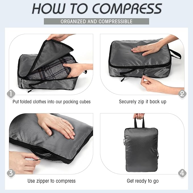 5 Pack Compression Packing Cubes for Travel Space Saving Cubes Luggage Organizer for Suitcase(Mixed Gray,L)