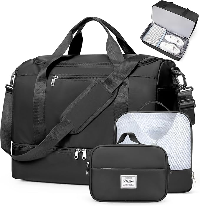 Travel Duffel Bag for Women, Carry-on Overnight Weekender Bags with Wet Pocket & Toiletry Bag, For Spirit Airlines 18x14x8 Personal Item Bag,3 Pcs Set,Small,Black