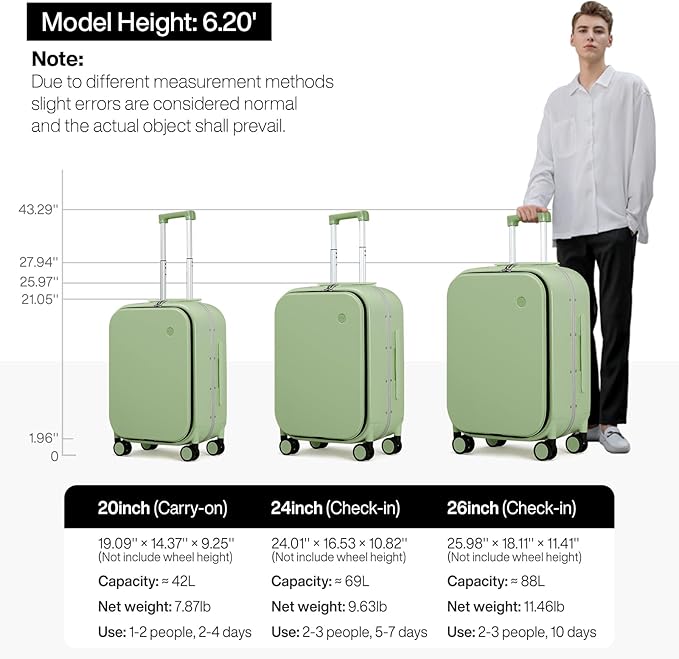 mixi 26 Inch Large Checked Luggage PC Hard Shell Suitcase Top Opening Aluminum Frame Travel Suitcases with Wheels, Avocado Green