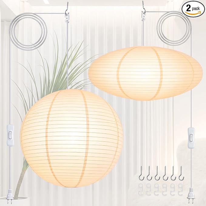 Nuanchu 2 Pack 24" Large Hanging Paper Lampshade Set Round and Oval White Lanterns Pendant Ceiling Light Shade with 20ft Cord and Hooks Chinese Foldable Light Covers for Dining Room Home Decor