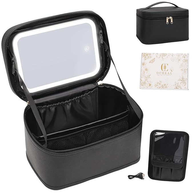 OCHEAL Makeup Bag With LED Mirror, Travel Makeup Bag With 3 Color Setting Light Up Mirror Cosmetic Makeup Organizer Vanity Case for Women Beauty Tools Accessories Rechargeable Makeup Travel Bag-Black