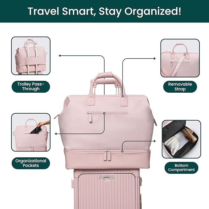 NOBL Travel Weekender Bag for Women & Men, Large Duffel Carry-On Tote with Trolley Sleeve, Separate Shoe Compartment & Laptop Pocket, Leather Overnight Bag for Airplane, Gym, Road Trips - Blush