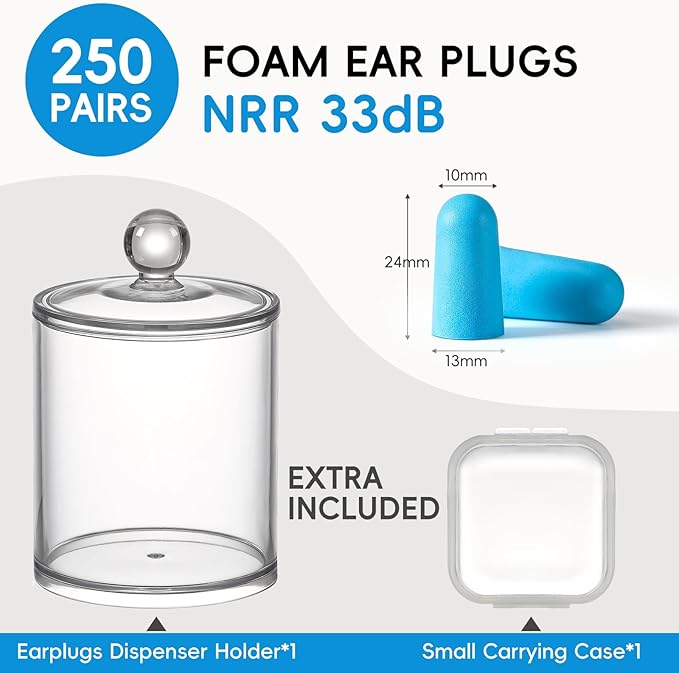 250 Pairs Foam Ear Plugs with 1 Clear Dispenser Holder, NRR 33dB Ear Plugs for Sleeping Noise Cancelling, Soft Earplugs for Noise Reduction Concerts Snoring Shooting Travel Ear Protection