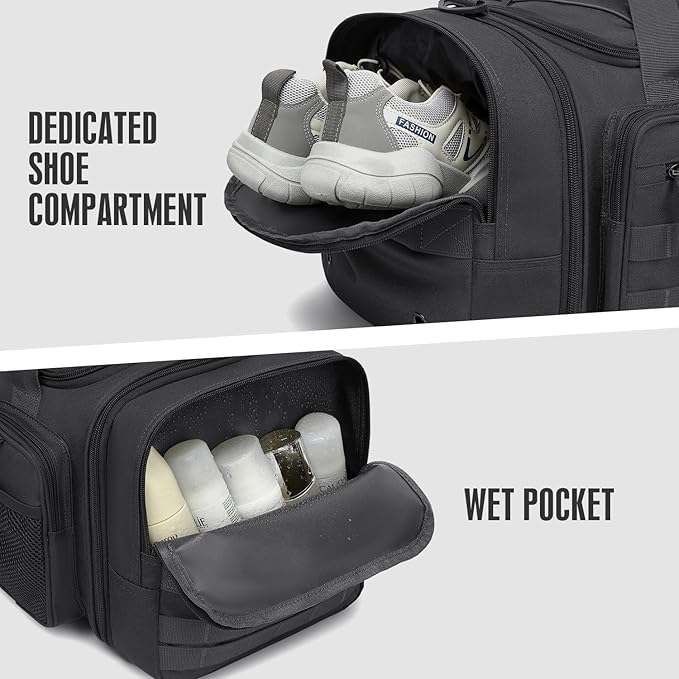 3 in 1 Tactical Gym Bag Backpack for Men 40-45L Expandable Travel Duffle Bag for Women Large Military Sport Duffel Bags Weekend Overnight with Shoe Compartment & Wet Pocket for Fitness, Black