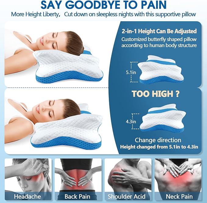 Cervical Neck Pillow for Pain Relief Sleeping, Memory Foam Pillows, Ergonomic Side Sleeper Pillows for Adults, Orthopedic Neck Support Pillow for Back Stomach Sleepers-King Size&Blue