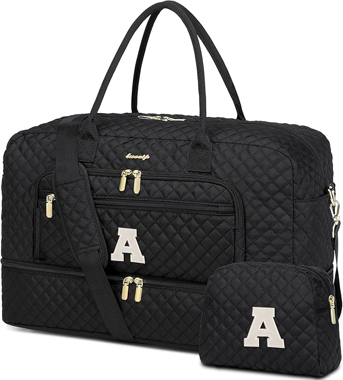 Initial Travel Duffle Bag for Women - Black Personalized Weekender bags Overnight Bag with Shoe Compartment & Wet Pocket Weekend Tote Bags with Toiletry Bag Monogram Christmas Gifts (Letter A)