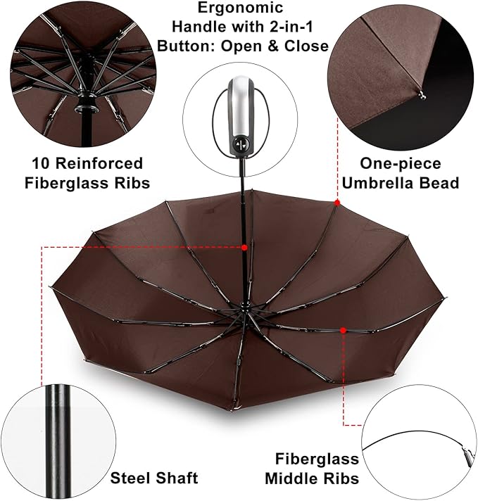 TradMall Travel Umbrella Windproof with 46 Inches Large Canopy 10 Reinforced Fiberglass Ribs Ergonomic Handle Auto Open & Close, Brown
