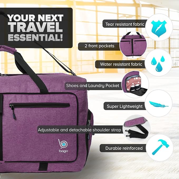 Bago Large Duffle Bag for Travel Women & Men. Durable Lightweight Foldable Travel Duffel Bags For Traveling Women. 80L Duffle Bags For Overnight Bag With Shoe Compartment Collapsible Weekender duffel