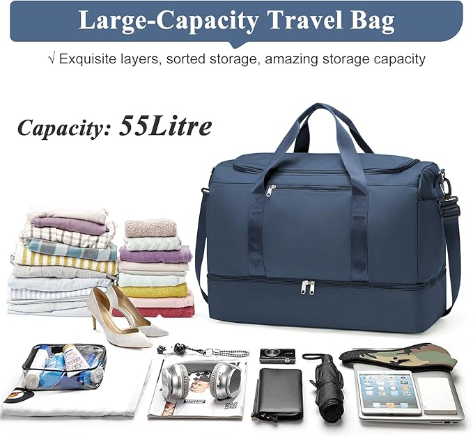 Extra Large Travel Duffle Bag,Carry on Overnight Weekend Bag with Shoes Compartment,Weekender Bags for Women for Travel Business Trips Sport Hospital,Dark Blue