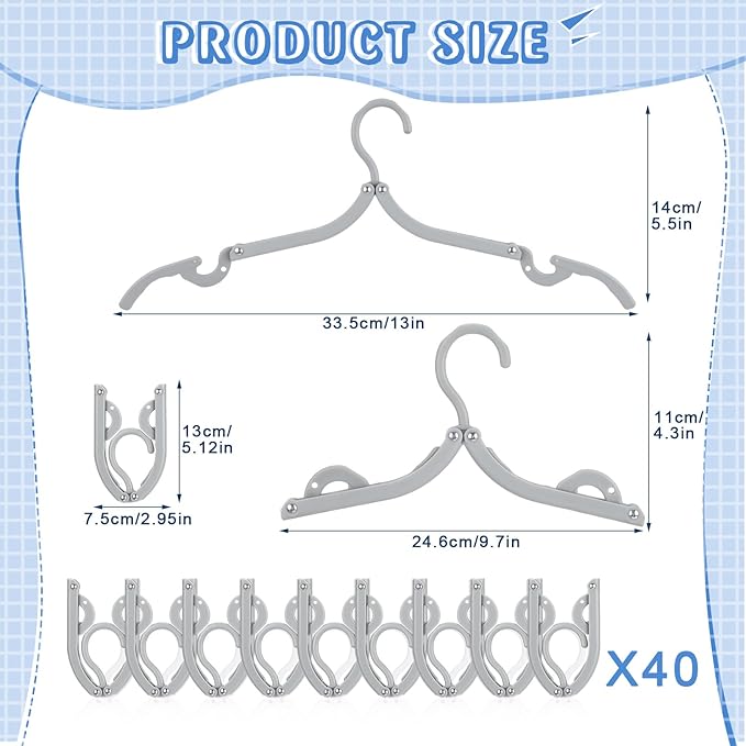 Sieral 40 Pcs Foldable Travel Hangers Plastic Portable Folding Clothes Hangers Cruise Ship Essentials for Travel Cruises Suitcase Dormitory School Hotel Women Laundry Coat Bag Drying (Gray)