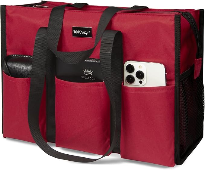 TOPDesign Utility Water Resistant Tote Bag with 13 Pockets, Top Zipper Closure & Thick Bottom Support, for Working Women