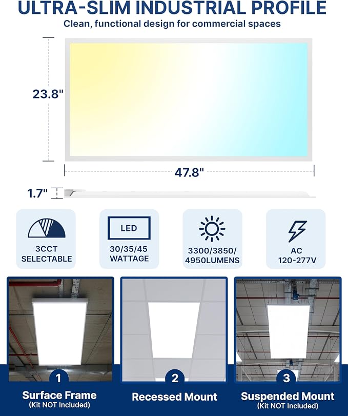 48 Pack 2x4 LED Flat Panel Light, Backlit T-Grid Drop Ceiling Light, 30/35/45W Selectable, 3300/3850/4950LM, 3500K/4000K/5000K 3CCT, 0-10V Dimmable, 120-277V, ETL DLC Listed, Damp Rated