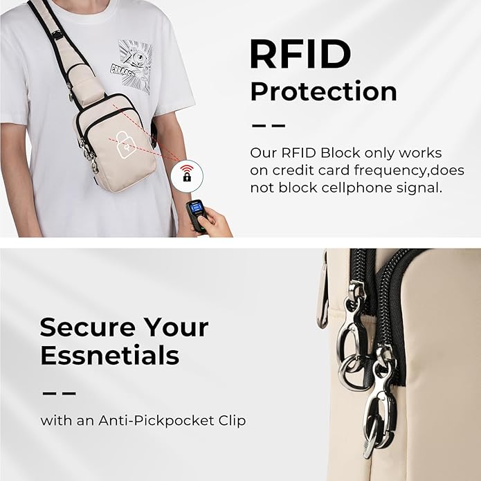BROADREAM Mini Crossbody Sling Bag, Small Chest Bags Dual Pocket with Zipper Lock, RFID Blocking & Water Resistant Women Men