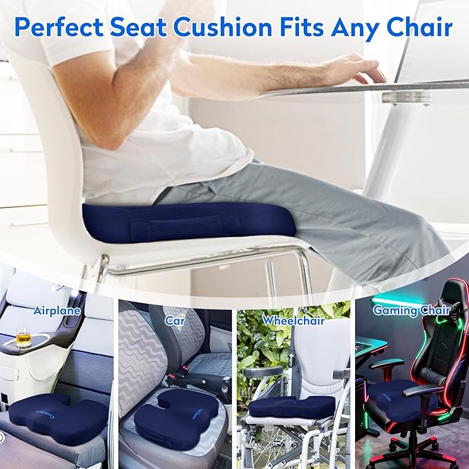 XXL Seat Cushion Office Car Seat Cushion, Memory Foam Cushion for Office Chair, Car Seat, Airplane, Bleacher Non-Slip Chair Pad, Butt Pillow for Desk, Wheelchair, Car (Blue)