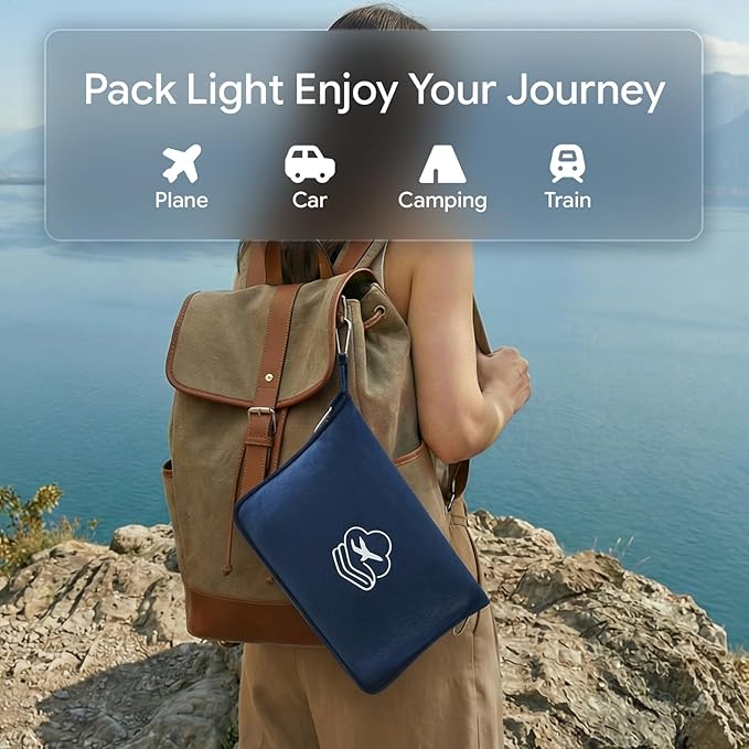 Travel Blanket, Soft 2-in-1 Airplane Blanket, 65x40 Inches, Travel Essentials Car Blanket with Luggage Sleeve & Backpack Clip (Navy Blue)