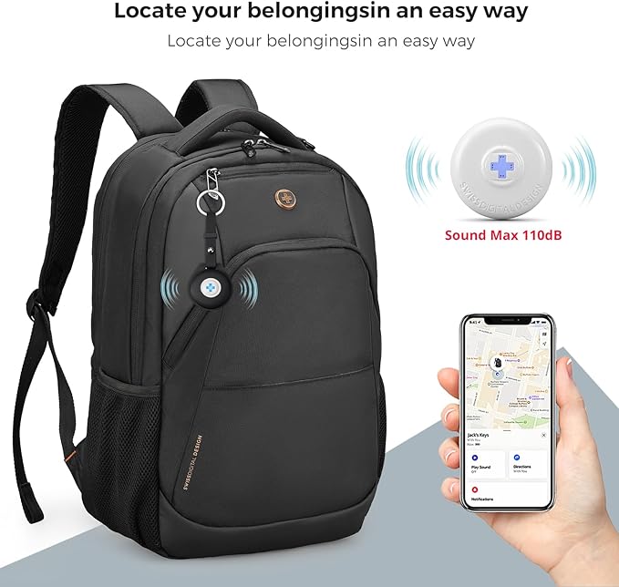 Swissdigital Design Adult Laptop Backpack, College Laptops Backpack with USB Charging Port for Men and Women Fits 16 Inch Notebook with Finder Keychain, Bluetooth Tracker, Item Locator for Keys