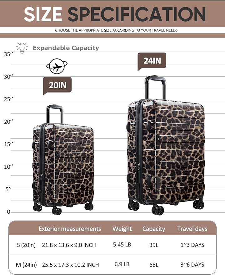 Tolino Carry on Luggage 22x14x9 Airline Approved-20 Inch Hardside Suitcase with Wheels TSA Lock, PC+ABS Lightweight Carry on Suitcases for Women and Men Cheetah Print