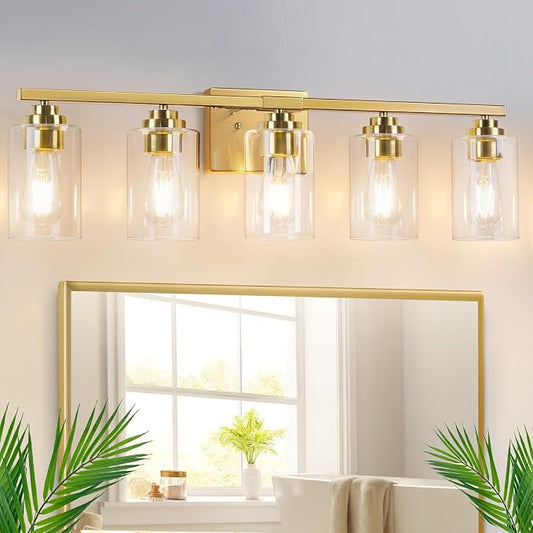 VerRon 5-Light Bathroom Light Fixtures, 31" Gold Modern Vanity Lights | Bathroom Vanity Lights Over Mirror with Clear Glass Shades, Wall Lamp for Mirror Living Room Bedroom Hallway Cabinet Porch