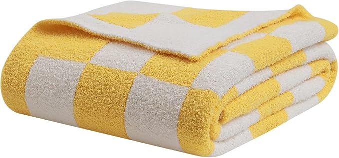 bearberry Fuzzy Checkerboard Grid Throw Blanket Soft Cozy Warm Microfiber All Season Blanket Decor for Couch Sofa Bed Travel Home (Yellow, 50''x60'')