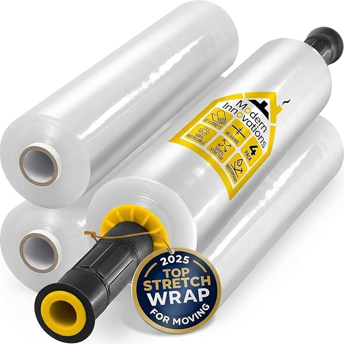 Modern Innovations 15 Inch Clear Stretch Wrap Roll with Handles (4 Rolls-4000 Feet) Heavy Duty Shrink Wrap for Moving, Packing Supplies for Wrapping Furniture, Industrial Plastic Pallet Cling
