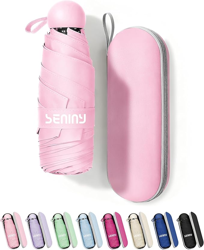 Seniny Mini Portable Travel Umbrella with Case - Compact Umbrellas for Rain & Sun UV Protection for Backpack Pocket, Lightweight Folding Small Umbrella, Tiny Purse Size UV Blocker for Kids Women Girls
