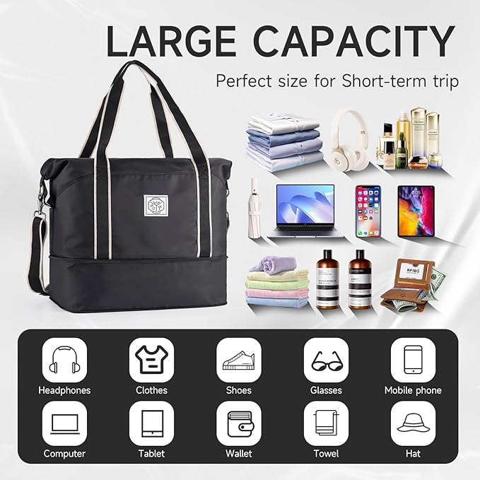 WALNEW Travel Duffel Bag, Weekender Overnight Carry On Bag for Women Men, Foldable Waterproof Gym Luggage with Metal Buckle Detachable Shoulder Strap and Wet Compartment (Black)
