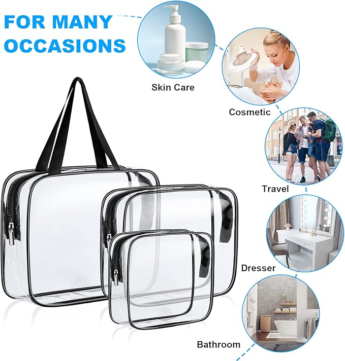 3 Pack PVC Waterproof Toiletries, Crystal Clear PVC Travel Toiletry Bag, TSA Approved Travel Toiletry Bag with Zipper, Multi-size Unisex Clear Cosmetic Bag