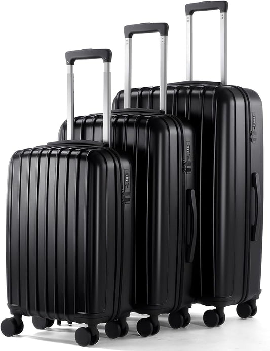 Luggage Sets 3 Piece, Hardside Lightweight Suitcase sets with Spinner Wheels, Large Checked Travel Suitcase for Family Travel，Suitcases Sets 20 24 28 Inch, BLACK