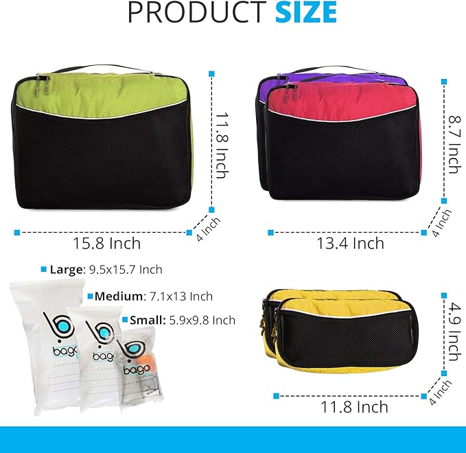 bago 8 Pcs Packing Cubes for Travel - 5 Travel Packing Cubes for Suitcases with 3 ZipLock Bags - Luggage Organizer Bags to Get Maximum Storage, Save Time & Effort to Pack (Green Red Purple Yellow)