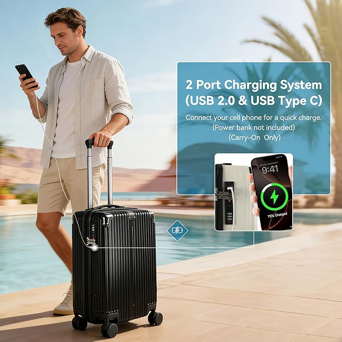 20 Inch Carry On Luggage with Spinner Wheels,PC Expandable Hard Shell Suitcase with USB Port,Lightweight Travel Luggage Airline Approved for Men Women (Black)