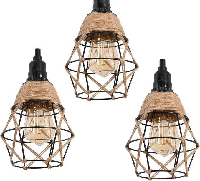 3-Light Hanging Light with Plug in Cord,Plug in Pendant Light 22ft Hemp Rope Pendant Lighting Vintage 3-Light Hanging Lamp Fixtures for Kitchen Island Living Room Bedroom